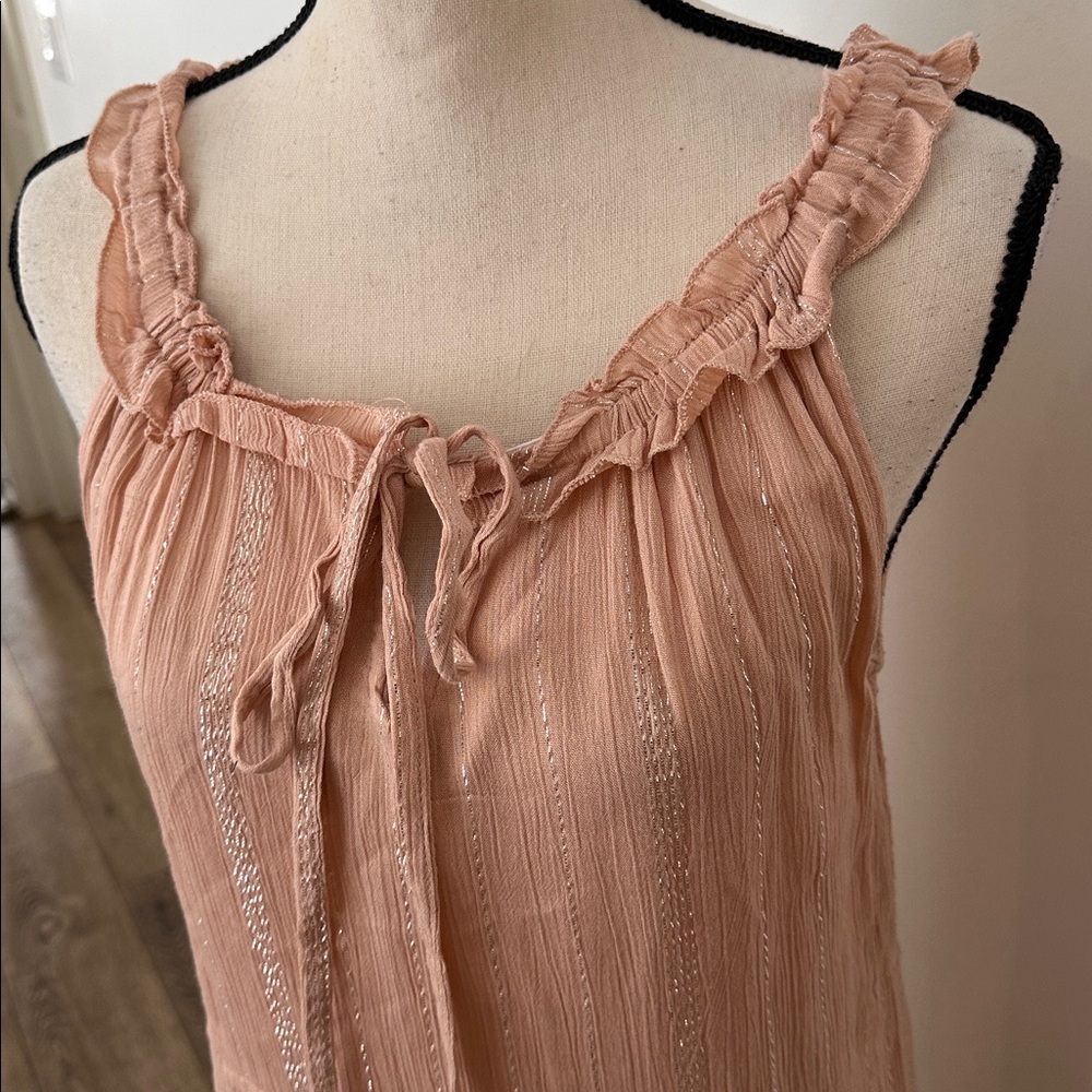 Rebellion Again Soft Pink Maxi Tiered Dress Small Gold Pinstripes - Picture 2 of 5